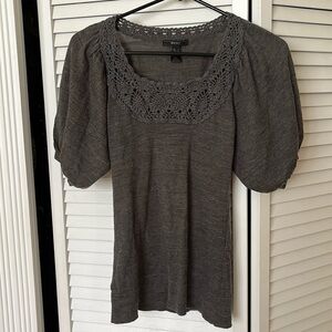 Mango dark gray lace square neckline short-sleeved knitted top